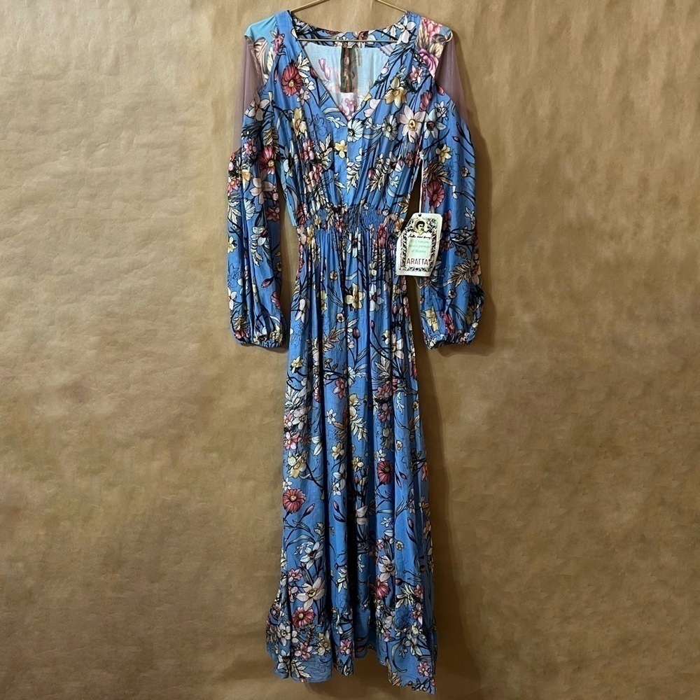 Anthropologie Blue Floral Maxi Dress Small